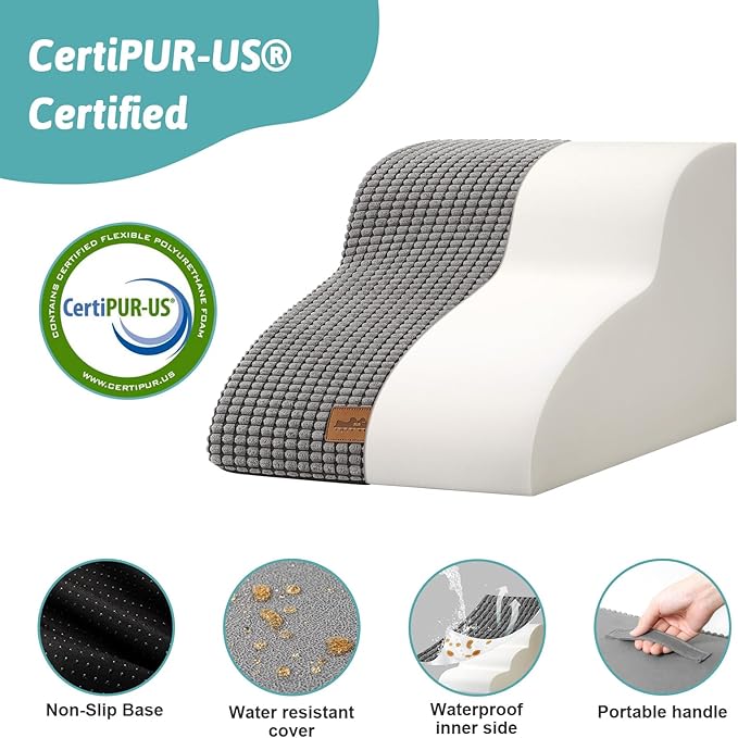 Dog Stairs for Small Dogs 11.8" H, Pet Step with Leakproof Cover, High Density Foam Cat Ramp for Chair or Sofa, Lightweight, Durable, Comfort, 15.7x19.7x11.8 inch, 2 Tiers, Light Grey