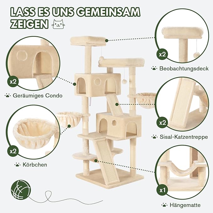 MUTICOR 66 Inches Multi-Level Large Cat Tree Tower for Indoor Big Feline/Cozy Plush Perches/Condo/Sisal Scratching Posts/Hammock and Baskets/Activity Center Play House/Wide Base/Beige