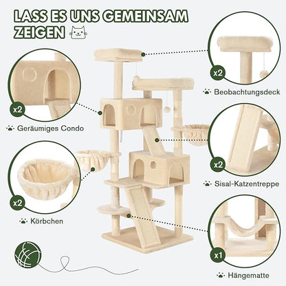 MUTICOR 66 Inches Multi-Level Large Cat Tree Tower for Indoor Big Feline/Cozy Plush Perches/Condo/Sisal Scratching Posts/Hammock and Baskets/Activity Center Play House/Wide Base/Beige