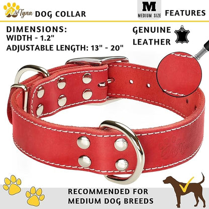 ADITYNA Heavy Duty Leather Dog Collar - Soft and Strong Red Dog Collar for Medium Dogs (Medium: Fit 13" - 20" Neck, Red)