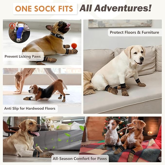 Non Slip Dog Socks to Prevent Licking Paws Grippy Socks for Senior Dog on Hardwood Floors Anti Slip Dog Socks for Hot Pavement Double Side Paw Protector Prevent Scratching Brown L