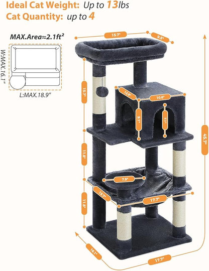 PETEPELA 45.7" Cat Tree for Indoor Cats, 5-Level Cat Tower for Large Cats with Metal Frame Large Hammock (17.3"x15.3"), Cat Condo with (18.5"x13") Big Top Perch & 4 Sisal Covered Scratching Post Dark