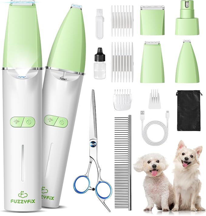 Dog Grooming Kit with LED Light, Low Noise Rechargeable 4 in 1 Pet Clippers for Matted Hair, Cordless Electric Cat Paw Trimmer Dog Nail Grinder, Grooming Supplies for Cat and Small Dogs