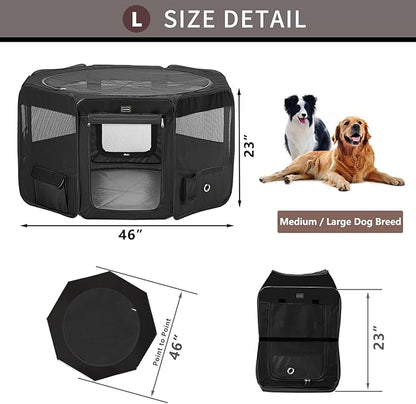 DONORO Dog Playpen Portable Pet Play Pens for Small Dog/Cat/Rabbit/Chicks, Cat Playpen Indoor/Outdoor with Carring Case, Removable Zipper Top and Bottom (Black, Large (46"x46"x23"), 8)