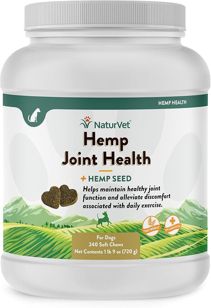 NaturVet Hemp Joint Health Hip & Joint Support Dog Supplement  Soft Chew Supplements for Dogs with Glucosamine, MSM, Chondroitin, Omega 3, Vitamins, Antioxidants  240 Ct.