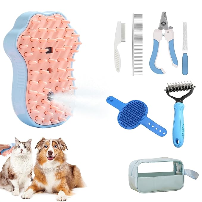 Pet Grooming Steam Brush Kit 7pcs, Cat Brush with Spray Cat Brush Comb for Shedding -Cat Brush&Nail Clippers File Set for Cat Dogs Long matted Haired Pets and Nail Repair