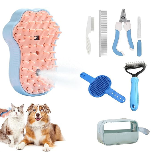 Pet Grooming Steam Brush Kit 7pcs, Cat Brush with Spray Cat Brush Comb for Shedding -Cat Brush&Nail Clippers File Set for Cat Dogs Long matted Haired Pets and Nail Repair