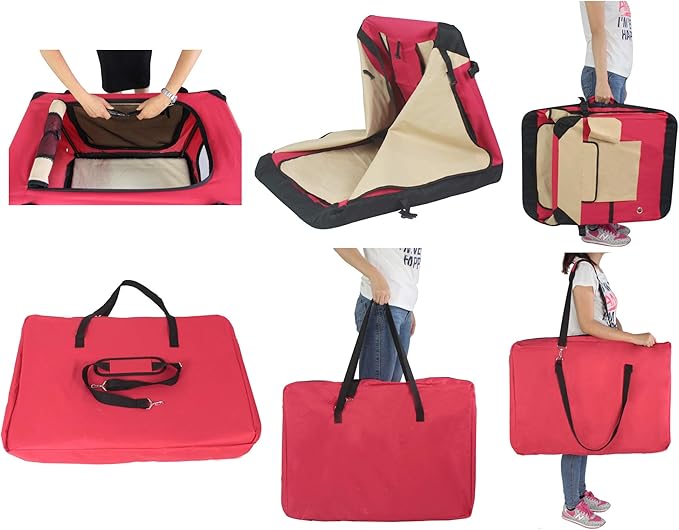 EliteField 4-Door Folding Soft Dog Crate with Curtains, Carrying Bag and Fleece Bed (2 Year Warranty), Indoor & Outdoor Pet Home (20" L x 14" W x 14" H, Red+Beige)