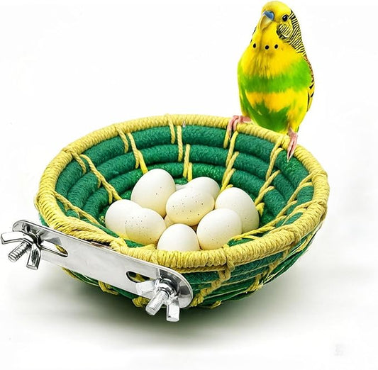 Bird Nest for Cage,Parrot Breeding Nest,Handwoven Cotton Rope Parakeet Bed,Canary Nesting House for Budgie,Finch,Cockatiel,Conure,Lovebird, Small Birds,Green&Yellow