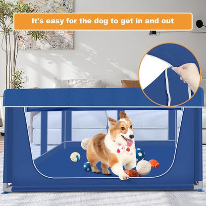 42x42 Inches Puppy Playpen with Top Cover, Dog Playpen for Small or Puppy Dogs, Pet Playpen for Indoor & Outdoor, Sturdy Safety Dog Crate with Durable Mesh Windows, Blue