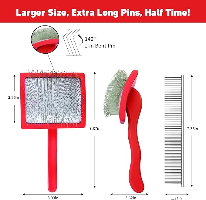 Dog Slicker Brush for Shedding and Grooming Medium or Long Haired Cats, Extra Long & Soft Pin Slicker Brush for Removes Loose Hair, Tangles, Knots, Undercoat, Free Pet Comb, Large Red