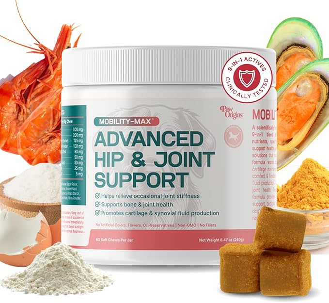 Paw Origins Mobility Max Joint Supplement for Dogs – 9-in-1 Blend with Glucosamine, Chondroitin, MSM & Vitamin C – Natural Bacon Flavor – Premium USA-Made Daily Formula for Active & Senior Pets