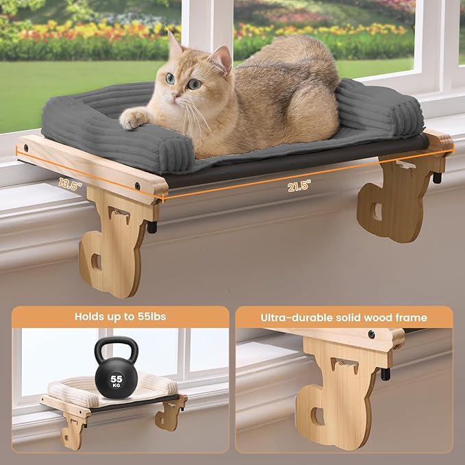 Gardner Pet Cat Window Perch, 2 in 1 Cat Hammock Window Sill Seat with Cushion, Adjustable Cat Bed for Window sill, Wood & Metal Frame for Large Cats(Grey)