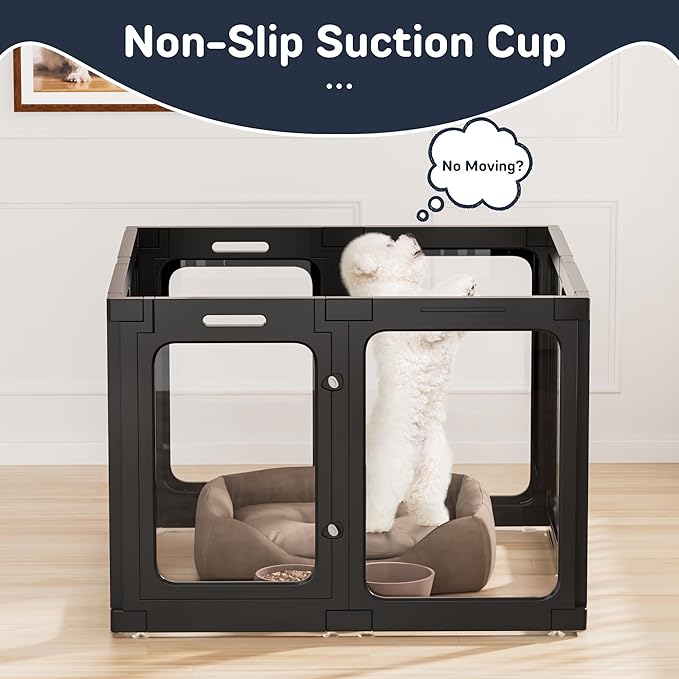 Acrylic Dog Playpen Indoor, 8 PCS Plastic Puppy Playpen with Door, Clear PlayPen for Dog Cat Rabbit Ferret, Easy Assemble Pen, Preferable Small Cage, Black, 33.5" L x 33.5" W x 24" H