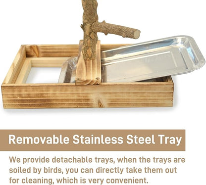 Natural Wood Bird Toys Playground, Bird Cage Accessories, Bird Perches, with Removable Tray and 2 Stainless Steel Cups