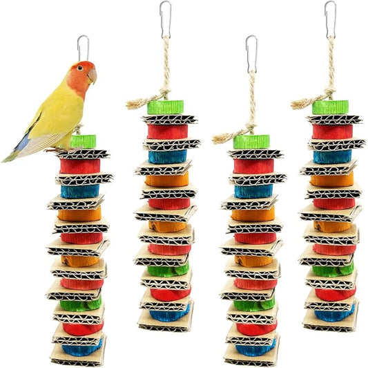 4 Pack Small Bird Chews Toy Natural Cardboard Wood Parrot Chewing Cage Hanging Toys for Conures Parakeet Cockatiel Budgies Love Birds Canary