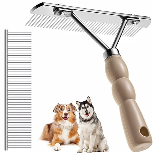 Dog Rake for Undercoat, Pet Grooming Set Long-Tooth Metal Brush & Stainless Steel Shedding Comb for Big Dogs Long-Haired Cats Horse