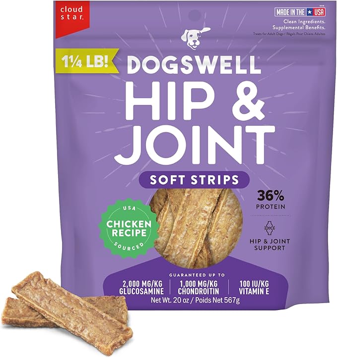 DOGSWELL Hip & Joint Dog Treats 100% Meaty, Grain Free, Glucosamine Chondroitin & Omega 3, Chicken Soft Strips 20 oz
