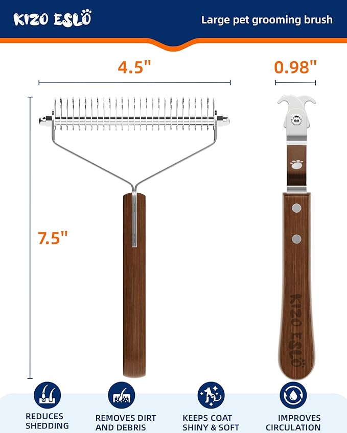 Extra Large 2-Sided Undercoat Rake for Dogs & Cats, Dog Brush for Shedding Remove Mats, Dematting Comb,Gentle Grooming Brush for German Shepherds Medium to Long-Haired Pets(Rare&Premium Walnut Handle)