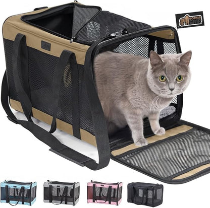 GORILLA GRIP Cat Carrier Travel Bag Up to 15 Lbs, Soft Collapsible Small Dog Carriers, Top and Side Entry Breathable Mesh, Grip Feet on Underside, Cozy Washable Waterproof Pad, Portable Kennel, Beige