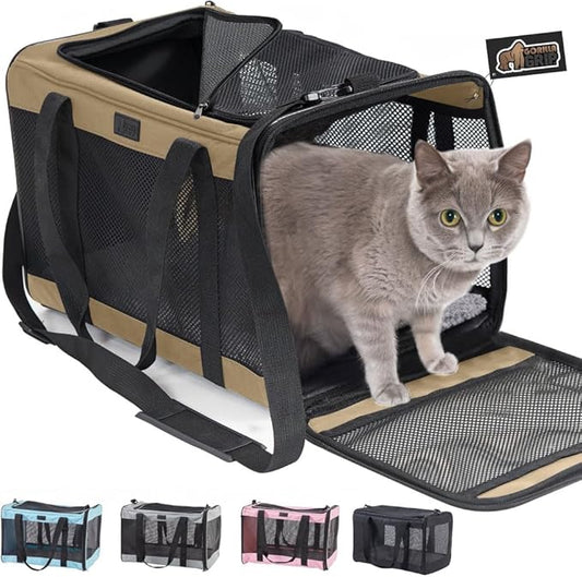 GORILLA GRIP Cat Carrier Travel Bag Up to 15 Lbs, Soft Collapsible Small Dog Carriers, Top and Side Entry Breathable Mesh, Grip Feet on Underside, Cozy Washable Waterproof Pad, Portable Kennel, Beige