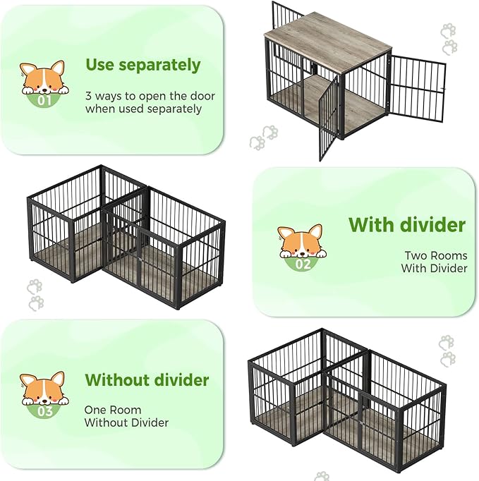 43'' L-Shaped Corner Dog Crate Furniture Large Breed with Double Rooms,Wooden Dog Crate End Table Indoor with Removable Divider for Small to Medium Dogs, Can Use Separately