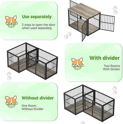 43'' L-Shaped Corner Dog Crate Furniture Large Breed with Double Rooms,Wooden Dog Crate End Table Indoor with Removable Divider for Small to Medium Dogs, Can Use Separately