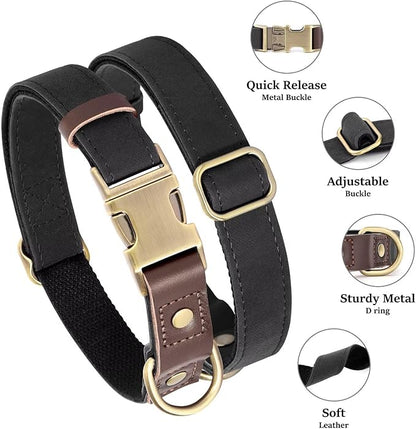 Didog Soft Padded Leather Dog Collars for Medium Dogs, Classic Heavy Duty Dog Collars with Quick Release Metal Buckle, Adjustable Medium Dog Collar Leather,Black,M