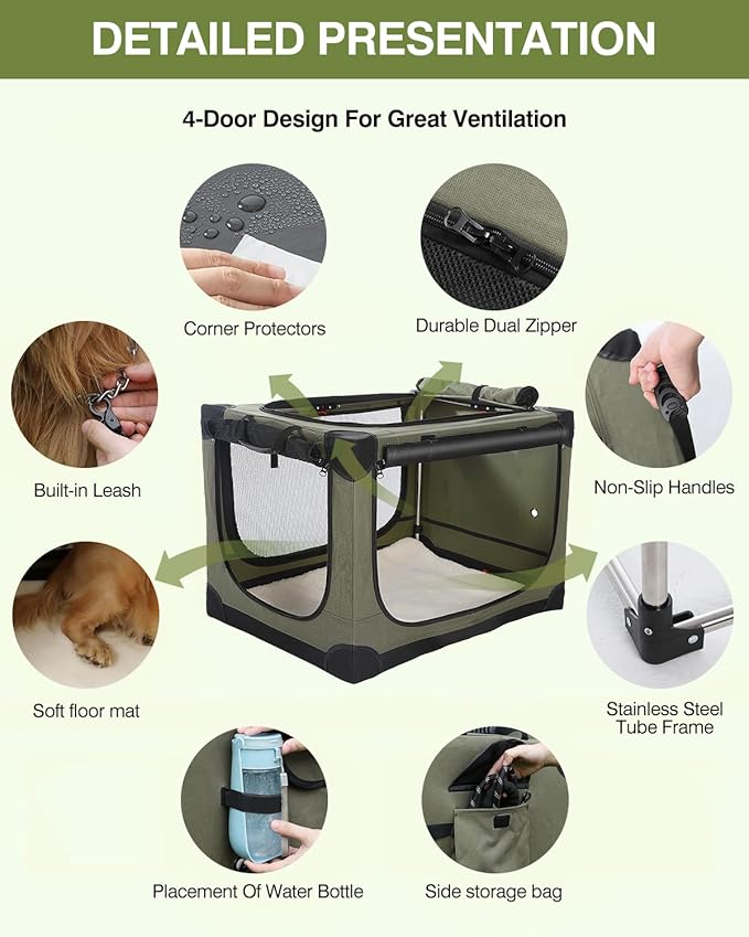 30-Inch Collapsible Travel Dog Crate, Portable 4-Door Soft Kennel for Medium to Large Dogs, Chew-Proof Mesh Windows, Indoor/Outdoor Use, Foldable, with Storage Bag (Green)