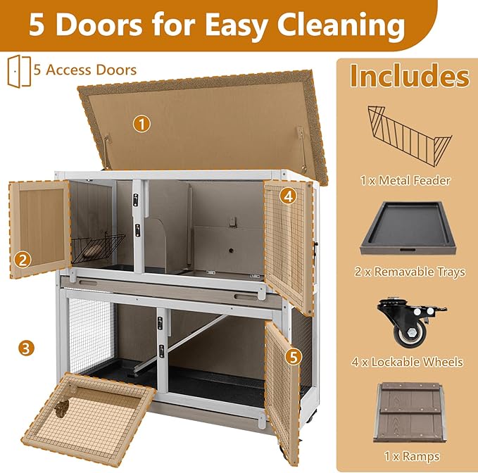 2 Story Rabbit Hutch Indoor with 2 Deeper Pull-Out Trays, Wooden Rabbit Cage with 4 Lockable Wheels, Ramp, Chew-Anti Metal Strip for Rabbit, Guinea Pig, Hamster(36" L x 17.8" W x 36.7" H)