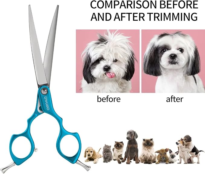 6.5" Curved Grooming Scissors for Dogs 440C Stainless Steel Professional Dog Grooming Scissors with Ultra-Light Aeronautical Aluminum Handle (Blue-Curved)