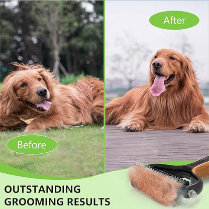 Deshedding Dog Brush for Shedding - 2-in-1 Professional Undercoat Rake and Furminator for Dogs | Shedding Control for Long-Haired Dogs and Cats, Deshedding Tool, Knot Removal,Orange