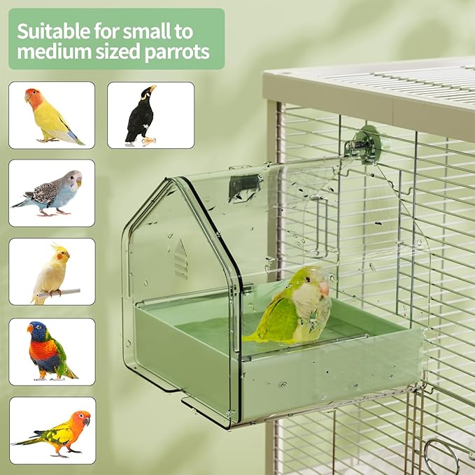 Hanging Bird Bath for Cage, 3-in-1 Multifunctional Bathtub -Bath, Feeder & House for Small to Medium Lovebirds, Finches, Parakeets – Essential Bird Cage Accessory (Green)