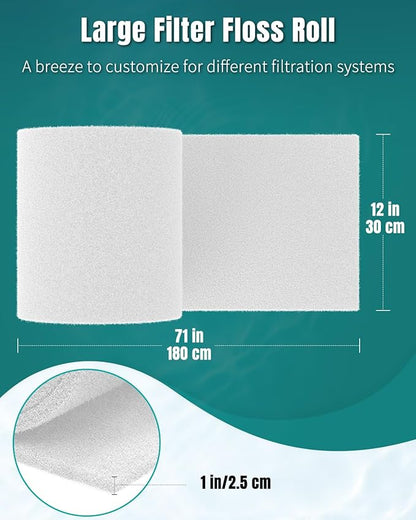 Pawfly Aquarium Filter Floss Roll for Fish Tank Filters 71 x 12 Inch White Cuttable Aquarium Filter Pad 1 Inch Thick High Density Filter Media Roll for Freshwater Saltwater Fish Tanks & Small Ponds