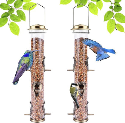 MIXXIDEA 2PK Metal Wild Bird Feeder Squirrel Proof Bird Feeders for Outside Hanging 6 Port Tube Bird Feeder Transparent Finch Feeder with Steel Hanger (Bronze)