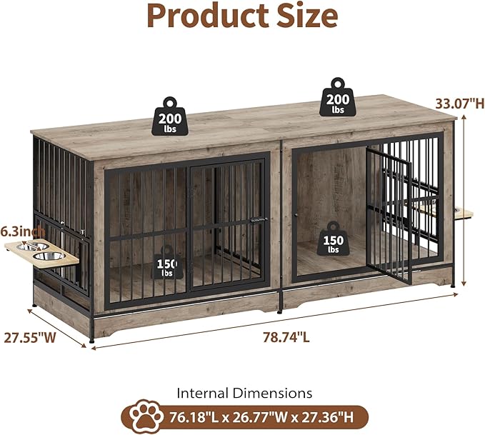 Rovibek 78 Double Dog Crate Furniture for 2 Large Dogs Indoor, Wooden Furniture Dog Crates with Dog Bowl, Dog Kennel Furniture TV Stand Large Breed Grey