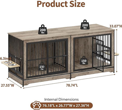 Rovibek 78 Double Dog Crate Furniture for 2 Large Dogs Indoor, Wooden Furniture Dog Crates with Dog Bowl, Dog Kennel Furniture TV Stand Large Breed Grey