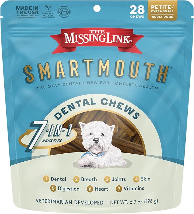 The Missing Link Smartmouth Vet Developed Dental Chew Treats, 7-in-1 Benefits: Healthy Teeth & Gums, Breath, Skin, Joints, Digestion, Heart, Immune System  Petite/XS 5-15lb Dogs, 28 Ct
