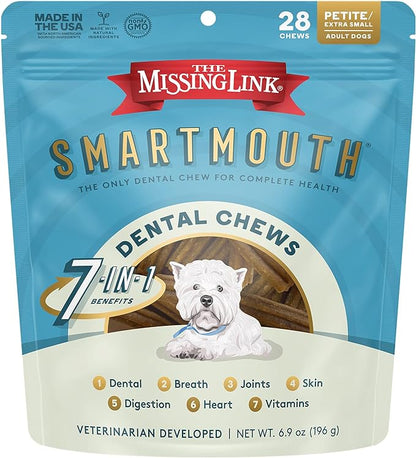 The Missing Link Smartmouth Vet Developed Dental Chew Treats, 7-in-1 Benefits: Healthy Teeth & Gums, Breath, Skin, Joints, Digestion, Heart, Immune System  Petite/XS 5-15lb Dogs, 28 Ct