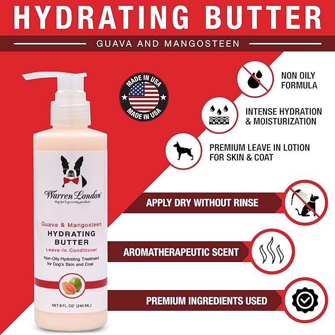 Warren London Hydrating Butter Leave in Pet Conditioner for Dogs | Lotion for Skin and Coat | Aloe Puppy & Dog Conditioner for Hair Detangler, Dry Skin, & Pet Fur Dandruff | Made in USA | Guava 8oz
