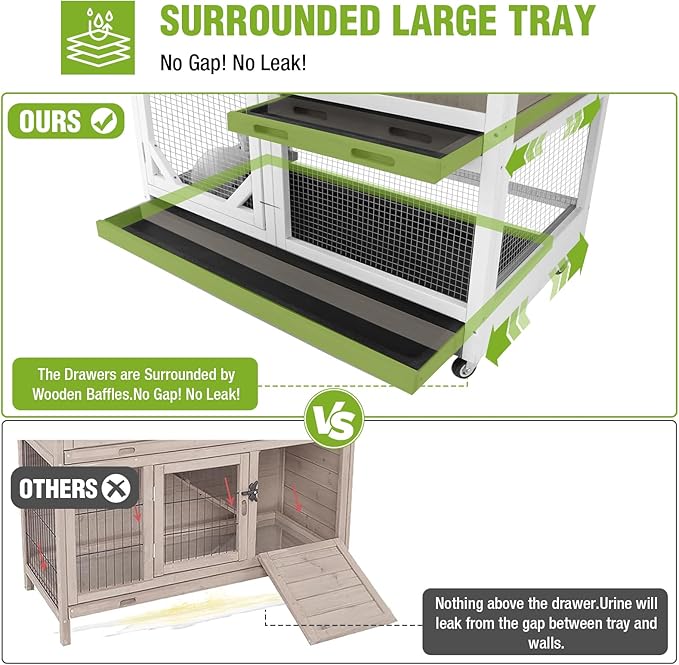 GUTINNEEN Rabbit Hutch Indoor 2 Story with 3 Doors, Outdoor Bunny Cage with Movable Wheels and Easy Clean Trays for Guinea Pig Cage 40.6" L (White and Matcha)