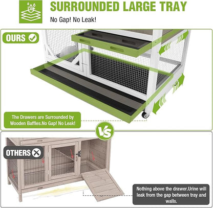 GUTINNEEN Rabbit Hutch Indoor 2 Story with 3 Doors, Outdoor Bunny Cage with Movable Wheels and Easy Clean Trays for Guinea Pig Cage 40.6" L (White and Matcha)