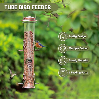 MIXXIDEA Metal Wild Bird Feeder, Squirrel Proof, Hanging 6 Port Tube Finch Feeder for Attracting Birds in Lawn, Garden, Balcony - Antique Copper