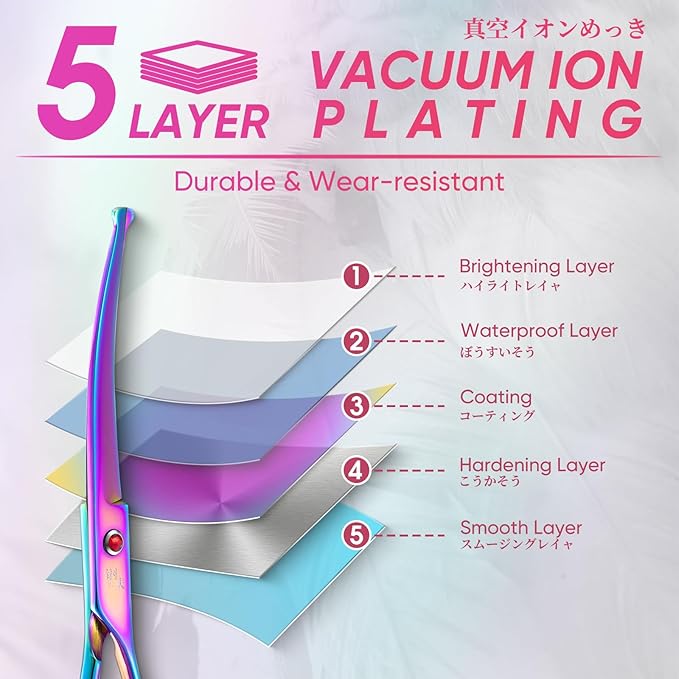 7" Curved Dog Grooming Scissors with Safe Round Tip, Rainbow Pet Fur Scissors, Japanese Stainless Steel 440C, Sharp and Sturdy Grooming Shears for Novice and Professional Groomers