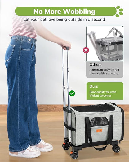 Morpilot Cat Carrier with Wheels Airline Approved, Pet Dog Carrier with Wheels for Small Dogs, Rolling Cat Carrier for Cats Puppy, Stroller Detachable and Foldable Pet Travel Bag (Large - Light Gray)