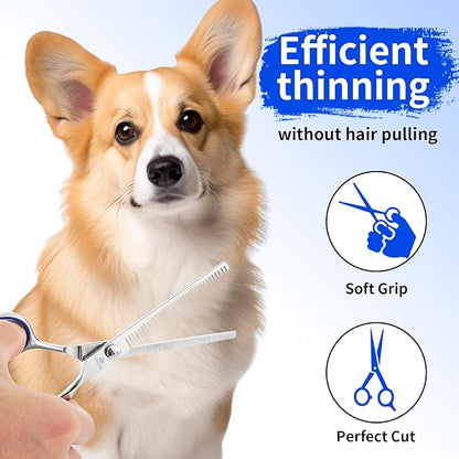 Dog Grooming Scissors, 6-in-1 Professional Dog Grooming Kit, 4CR Stainless Steel Dog Scissors for Grooming, Heavy Duty Grooming Scissors with Safety Round Tips, Pet Grooming Kit for Dogs at Home