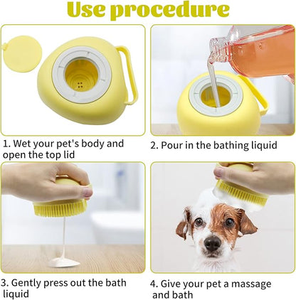 WishLotus Pet Bath Brush, Soft Silicone Cat Grooming Brush Dog Bath Massage Brush Shampoo Dispenser Heart-Shaped Multifunctional BathBrush for Pet Shower (Heart-Yellow)