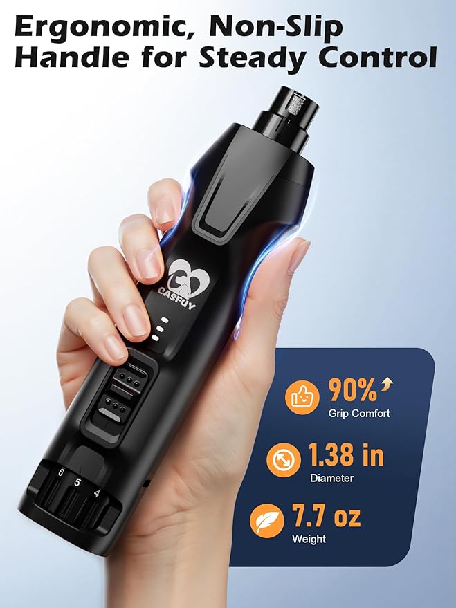Casfuy 6-Speed Dog Nail Grinder  50%+ Boost Power Dog Nail Trimmers Quiet with Dust Cap & 2 LED Lights & 2000mAh Battery & 4.8V Motor Electric Pet Toenail File Tool for Large Medium Small Dogs Cats