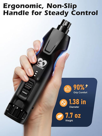 Casfuy 6-Speed Dog Nail Grinder  50%+ Boost Power Dog Nail Trimmers Quiet with Dust Cap & 2 LED Lights & 2000mAh Battery & 4.8V Motor Electric Pet Toenail File Tool for Large Medium Small Dogs Cats