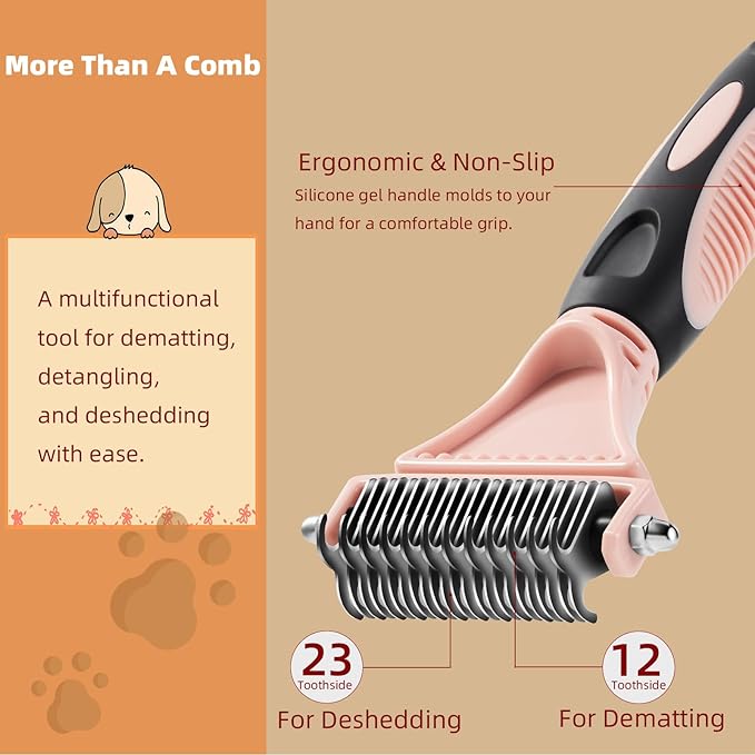 3PCS Cat & Dog Brush Set: Slicker & Deshedding Brush, Dematting Comb, and Bath Brush  Premium Grooming Tools for Shedding & Tangle-Free Fur (pink)